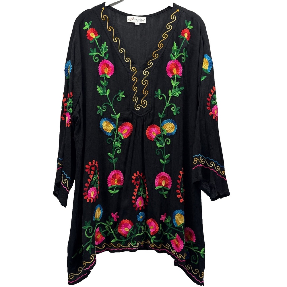 Angel Heart Women Bohemian Tunic Top 3X Plus Sheer Black Embroidered Long Sleeve